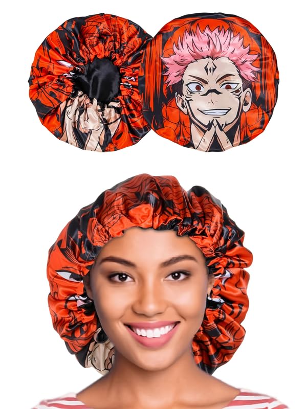 Anime Bonnet with Elastic Soft Band Adjustable Women and Men Silky Bonnets for Sleeping Comfortable Satin Fabric, Red Skna