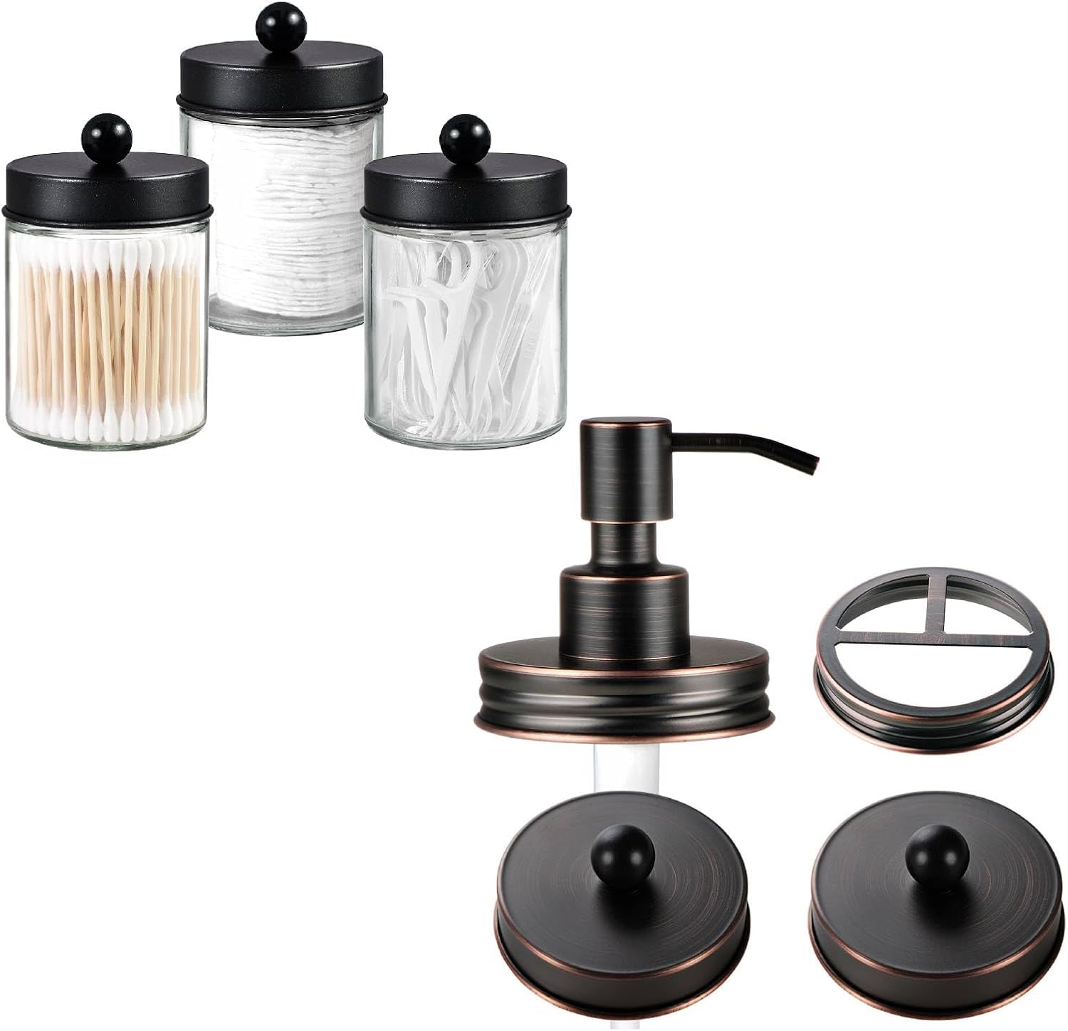 3 Pack Apothecary Jar Canisters Bathroom Vanity Organizer(BLACK)+ Mason Jar Bathroom Accessories Lids Set(4pcs) - Oil Rubbed Bronze