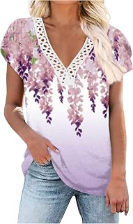 Gym Top Women Summer Tunic Tops Going Out Tops for Women UK Elegant Loose Fit Soft Short Sleeve Lace Neck Floral Printed Tops Shirts Vintage Blouse Sale Clearance Plus Size Tops Crochet Tops