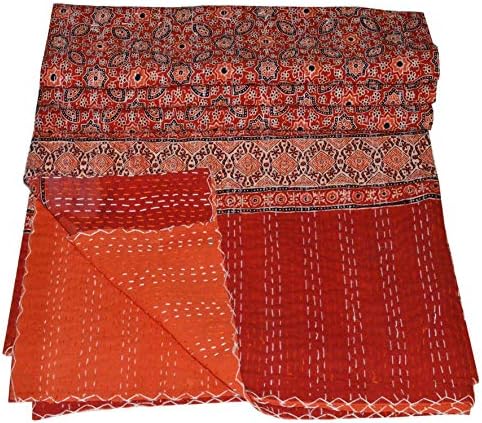 YUVANCRAFTS Hand Block Ajrakh Print Kantha Quilt Handmade Pure Cotton Kantha Quilt Queen Blanket Bedspreads Throw