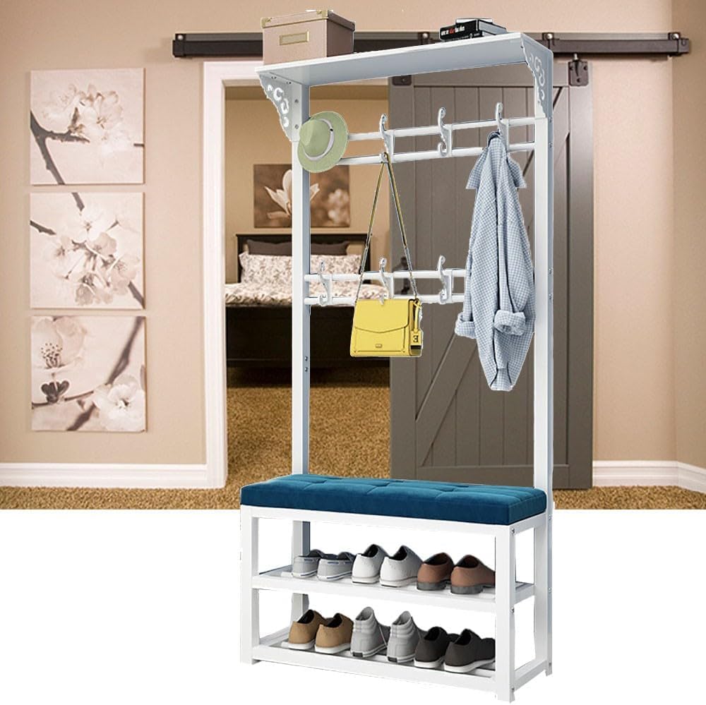 FGXHHS Multifunctional Hall Tree with Bench & Carved Hooks - Free Standing Metal Frame Clothes Hat Rack Shelf for Entryway, Bedroom, Living Room, Hallway Storage Solutions