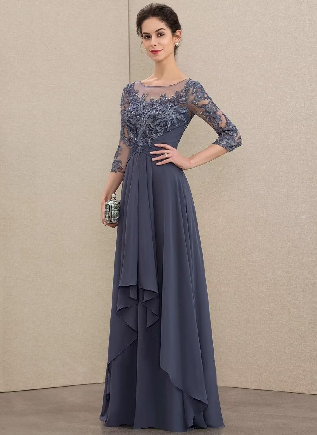 Long Sleeve Mother of The Bride Dress for Wedding Lace Applique Chiffon Formal Gowns BO075