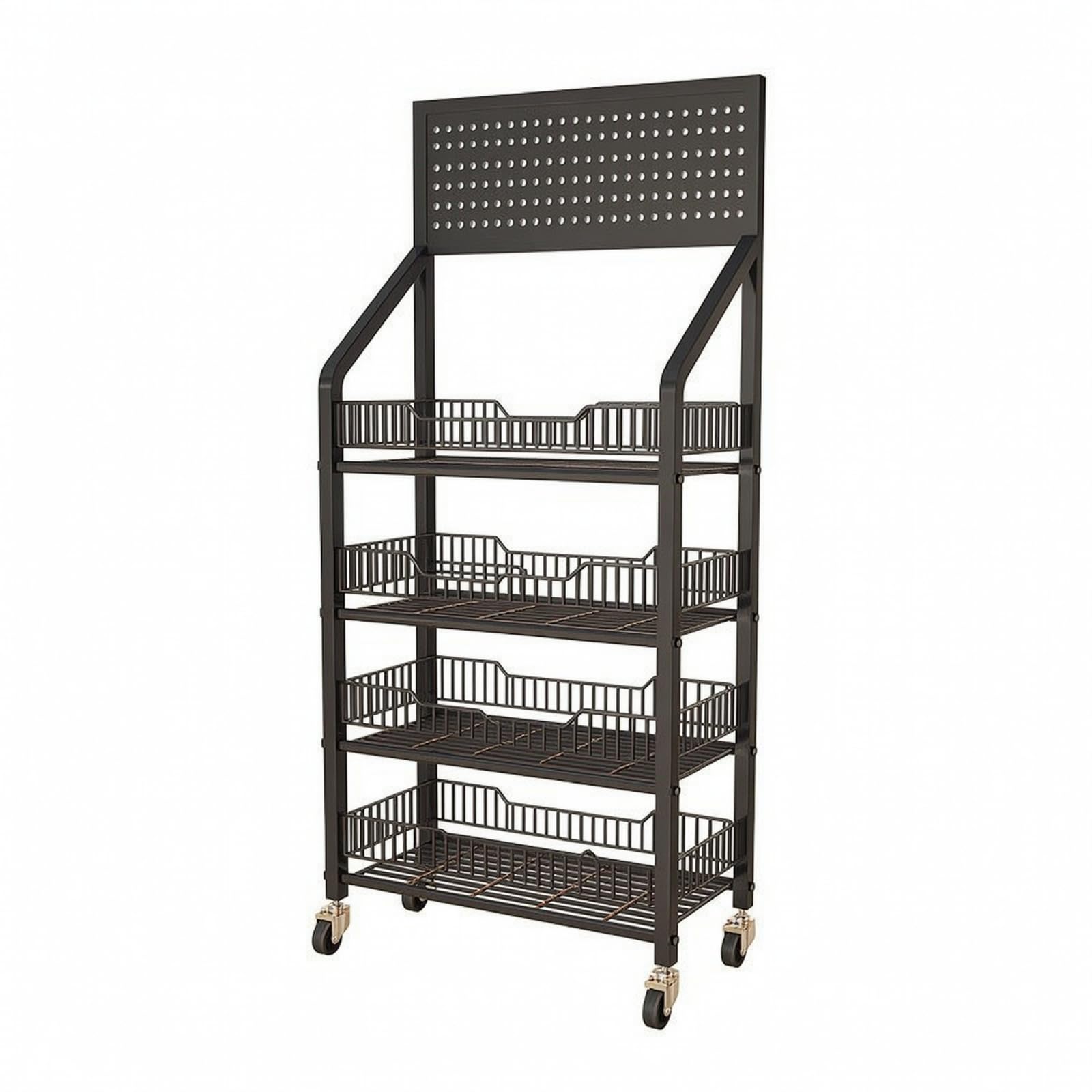 Espositore in Metallo Mobile Scaffale con Ruote Salvaspazio Espositore con Ganci per Commercianti, Negozio, Cucina, Nero, 60cm