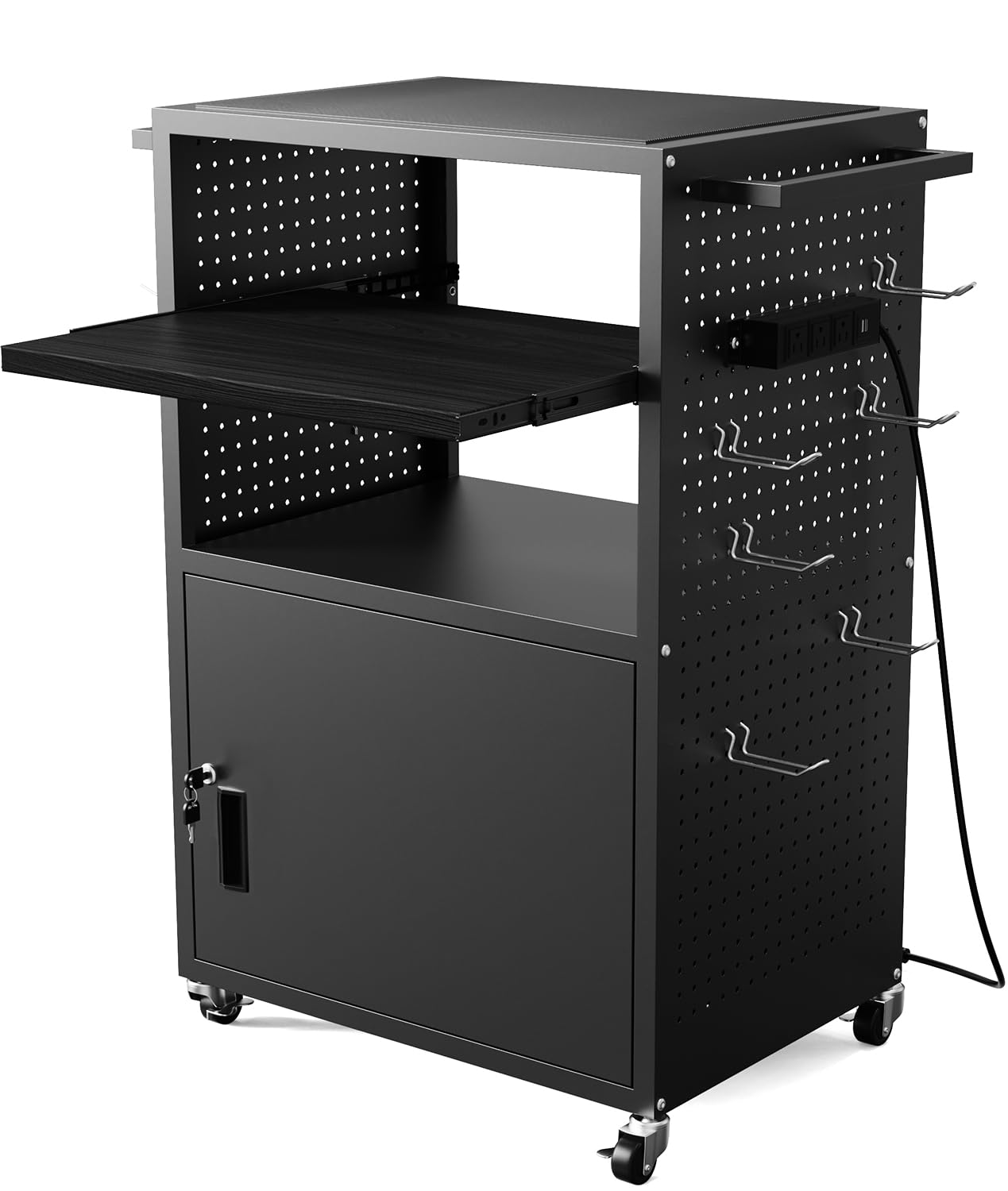 Photo 1 of AV Cart with Wheels and Power, Media Cart with Pegboard Siding?&?12 Hooks, with Locking Cabinet?& Pullout Keyboard Tray, Rolling Computer Cart, Mobile Workstation, Utility Cart(40" x 18" x 31.5")