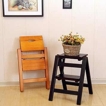 Wooden Ladder Chair for Kitchen Office Library Household Folding 2-Step Ladder Stool Multi-Function Step Stool Stair Chair Indoor Climb Step Ladder, 150 kg Capacity Color: Walnut