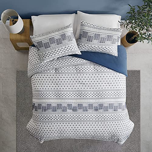 Hyde Lane Modern Navy Bedding, Blue King/Cal King Farmhouse Comforter Set, Cotton Top With Boho Style Clipped Jacquard Stripes 3-Pieces/W Matching Pillow Shams (104X90 Inches, Navy) #TOP2