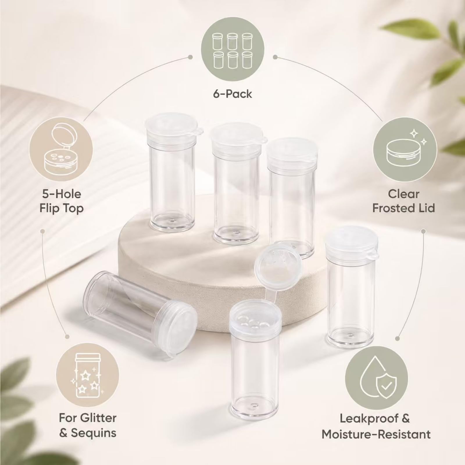 VBK 6 Pièces Saliere Transparent, Mini Pot à Épices avec Bouchon à 5 Trous, Petit Contenant pour Sel Poivre Glitter Paillettes Voyage Camping