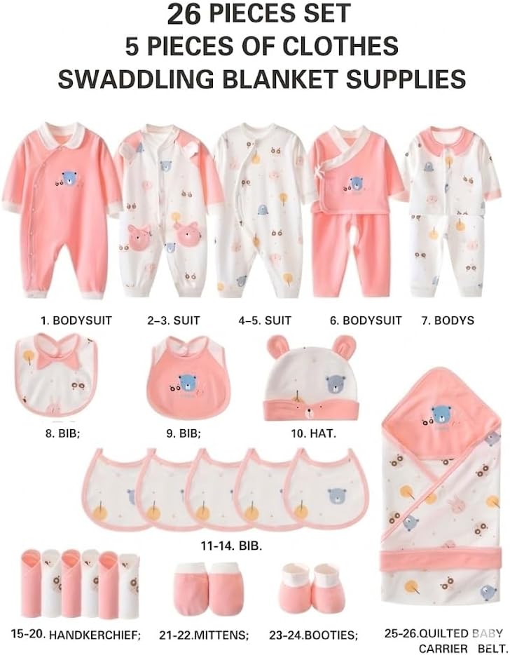 26-Piece Newborn Baby Girl Gift Set - Baby Girl Layette Sets 0-3 Months 100% Cotton Clothes Essentials Must Haves