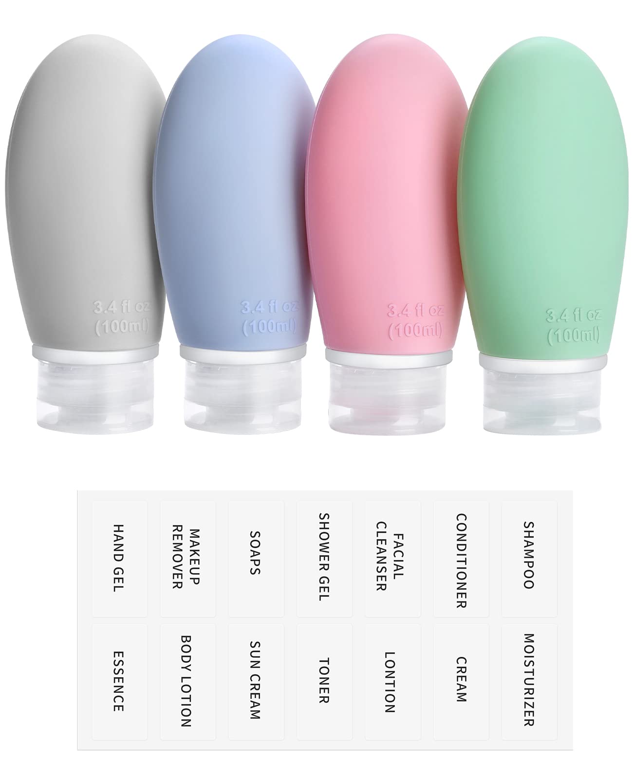 Opret 4 Stück 100ml Silikon Reiseflaschen Set mit Etiketten, Auslaufsicher Nachfüllbare Leer Reisegröße Behälter Reiseflaschen zum befüllen Kosmetik Shampoo Flüssigkeiten, BPA-frei und TSA-Geprüft