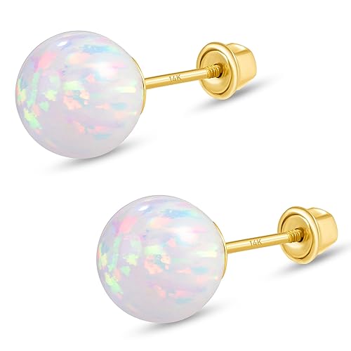 14k Gold Opal Stud Earrings for Women (3mm-7mm Diameter) -