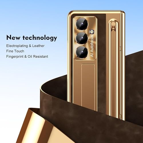 Generic etui kompatybilne z Samsung Galaxy Z Fold 7 (kolor: złoty) skórzana tylna klapka zawias stojak pokrowiec premium z przednią folią ochronną ekranu i rysikiem S Pen