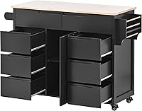 Vista 74 de LUMISOL Carrito de isla de cocina con ruedas de bloqueo con 2 cajones y 4 gabinetes, isla de cocina rodante con estantes ajustables, mesa de madera