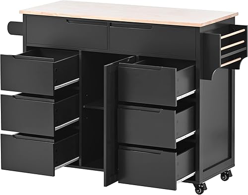 Miniatura 10 de Carrito de isla de cocina con ruedas con encimera de acero inoxidable, 2 cajones de almacenamiento y soporte para copas y estante para especias,