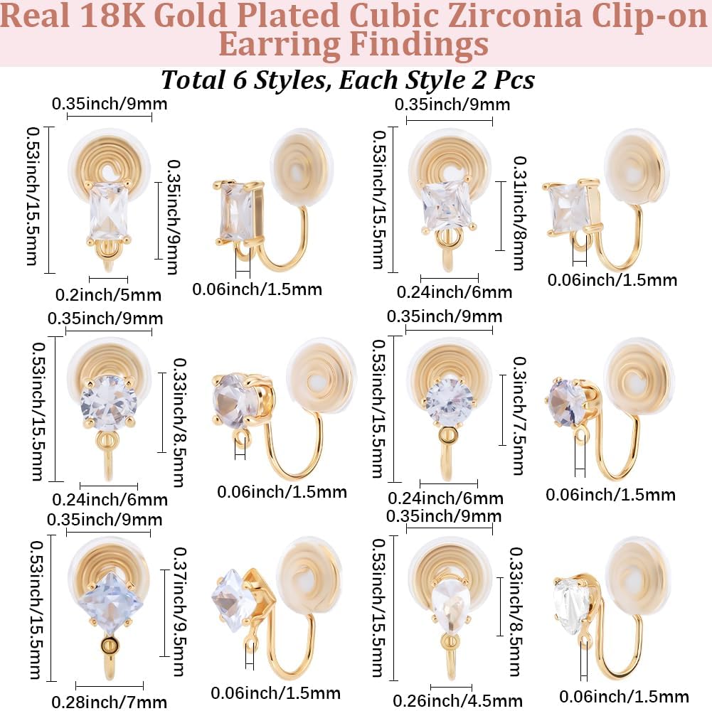 Beebeecraft 12Pcs 6 Styles Clip On Earring Findings 18K Gold Plated Cubic Zirconia Clip-on Earring Component with Loop for Non Pierced Ear Jewelry Making DIY