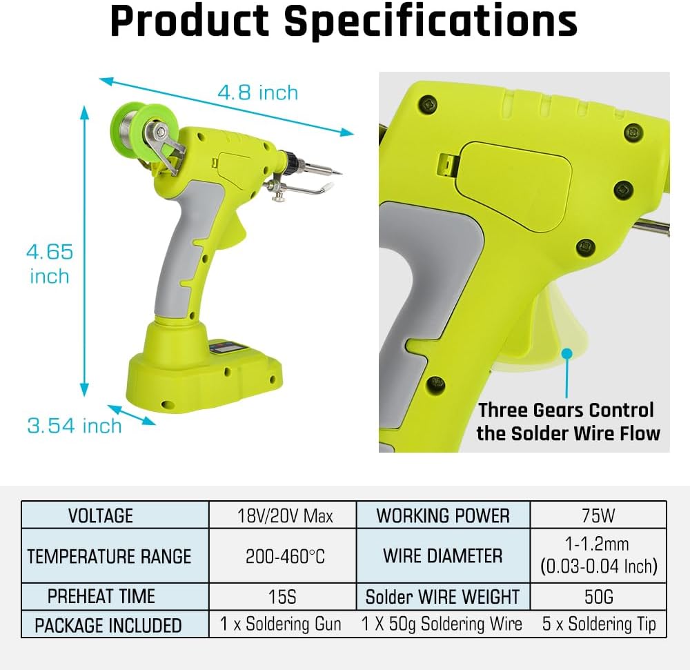 Choerinton Soldering Iron Compatible with Ryobi 18V Battery Soldering Iron Kit 75W LED Digital Soldering Gun Welding Iron with 5pcs Tips 50g 0.04" Solder Wire for Home DIY Repairing Welding