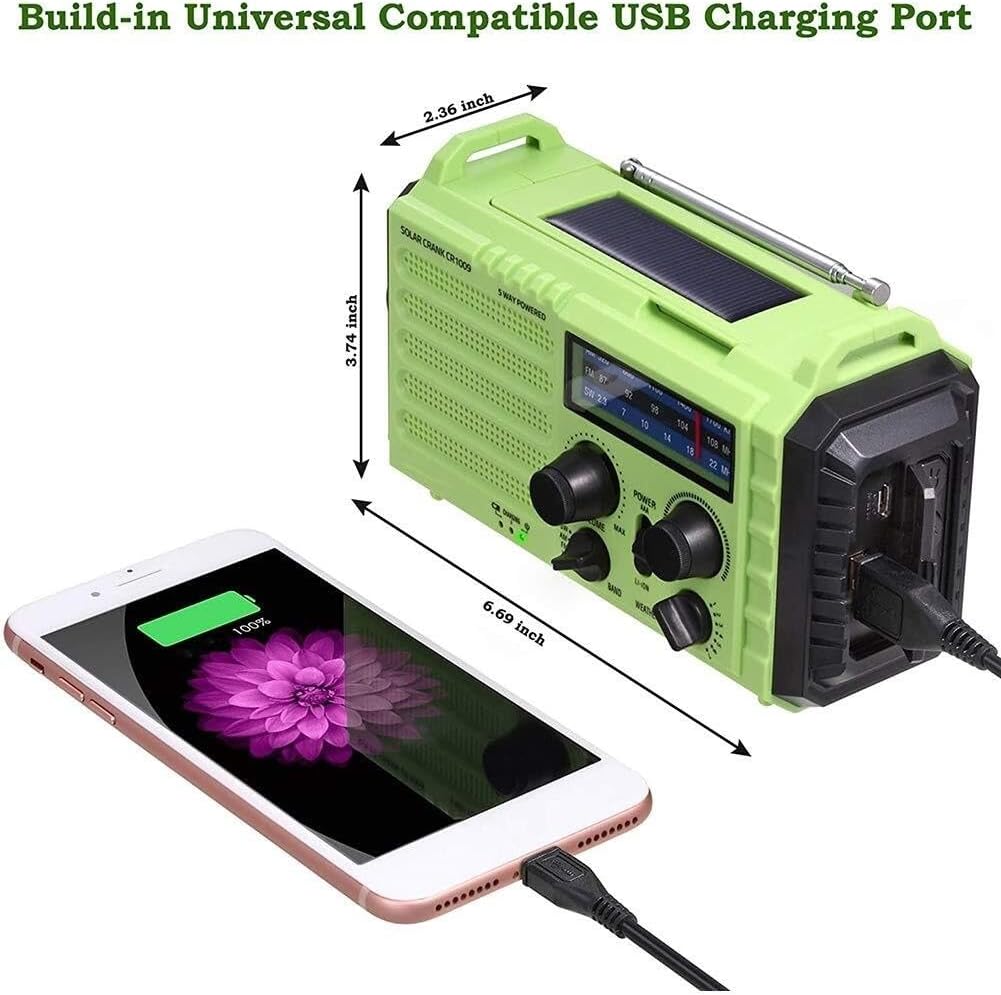 Emergency Solar Hand Crank Portable Radio, NOAA Weather Radio with AM/FM/SW/LED Flashlight/Reading Lamp/Compass, 2000mAh USB Charger, for Household and Outdoor