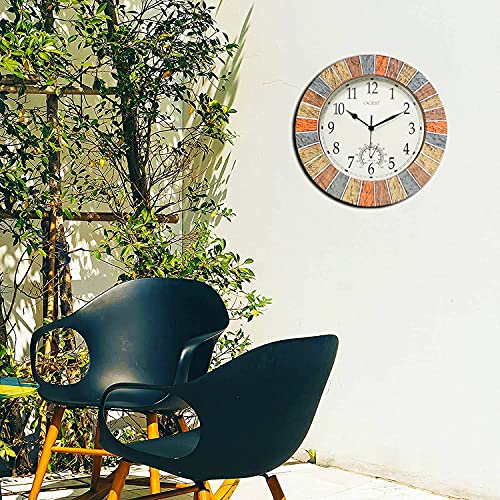 Ocest 13 Inch Large Outdoor Indoor Clock, Waterproof Wall Clock With Thermometer, Weather-Resistant Non-Ticking Battery Operated Decor Clock For Patio, Pool, Lanai, Fence, Porch, Garden (Yellow) #TOP1