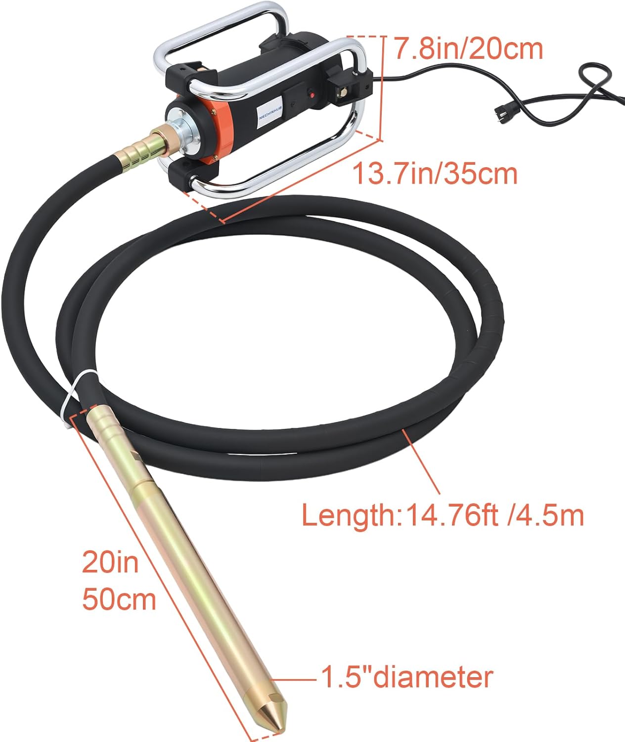 1500W Concrete Vibrator 110V 2HP 18000RPM Portable Pencil Type Power 35mm Bottle Shaker 14.7ft Shaft Rod Remove Air Bubbles and Mix Concrete