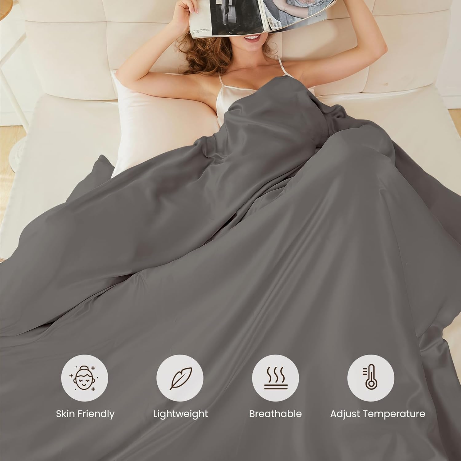 THXSILK 100% Pure Mulberry Silk Duvet Cover Set 3 Piece, 6A+ Grade Luxury Soft Bedding Silk Sheets for Hair and Skin, 1 Pcs Duvet/Quilt/Comforter Cover with 2 Zippered Pillowcases (Charcoal, Queen)