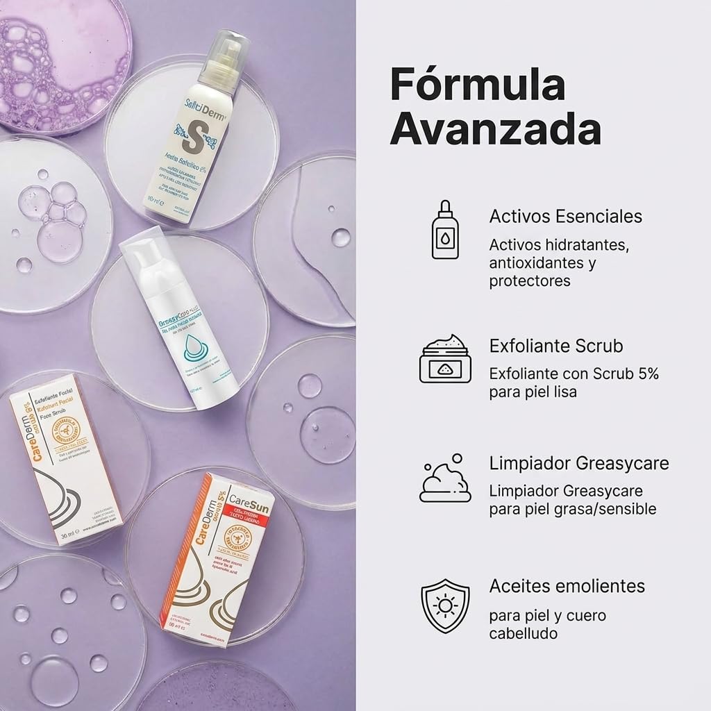Zestaw przeciw trądzikowi | Greasycare, Saliciderm 2%, Scrub 5%, Caresun Gel Light Touch | Kompletne dla wrażliwej i niedoskonałej skóry | Antyoksydacyjny ochraniacz nawilżający | Odnowiający peeling