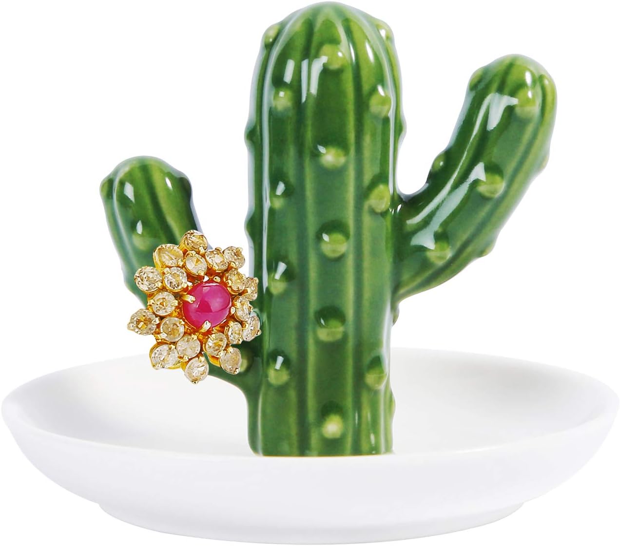 AUTODECOCeramic Ring Holder Handmade Trinket Dish for Jewelry Display Great Birthday Wedding Festival Gifts for Women Girls, Green Cactus