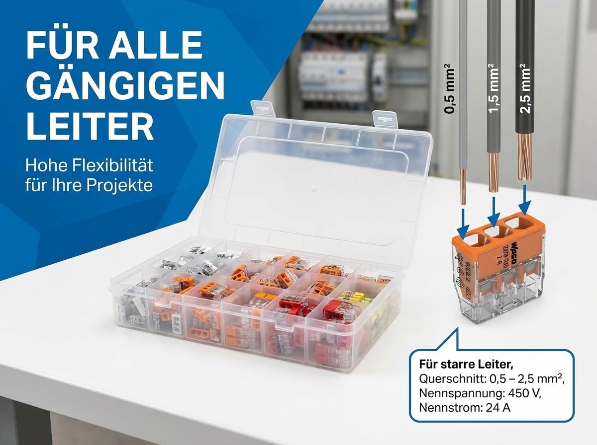 Verbindungsklemmen Set 250 Stück – enthält Original WAGO Klemmen Set Serie 2273 (2-, 3-, 4-, 5-, 8 polig) – Installationsklemmen in wiederverschließbarer Box