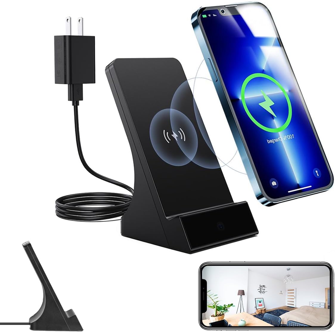 LIZVIE Phone Charger Hidden Camera, 120° Wide-Angle View App Control/Motion Detection/Night Vision/Loop SD Storage Wireless Charging 2.4G WiFi for Office Indoor Security.
