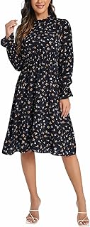 MakeMeChic Women's Ditsy Floral Long Sleeve Mock Neck High Waist A Line Midi Swing Dress