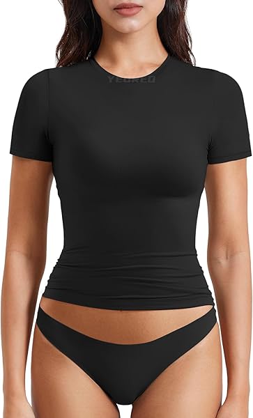 YEOREO Women Fitted Workout Tops Short Sleeve Double Lined Basic Y2K Going Out Crew Neck Compression Crop Top