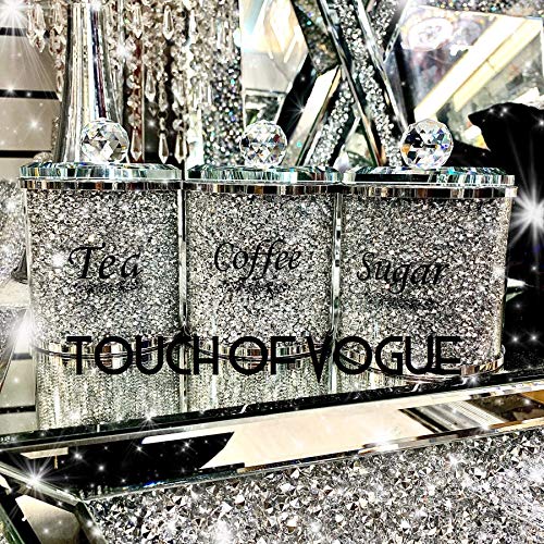 Touch of Vogue® Barattoli per tè, caffè e zucchero, misura grande, riempiti di diamanti frantumati argentati, 15 cm