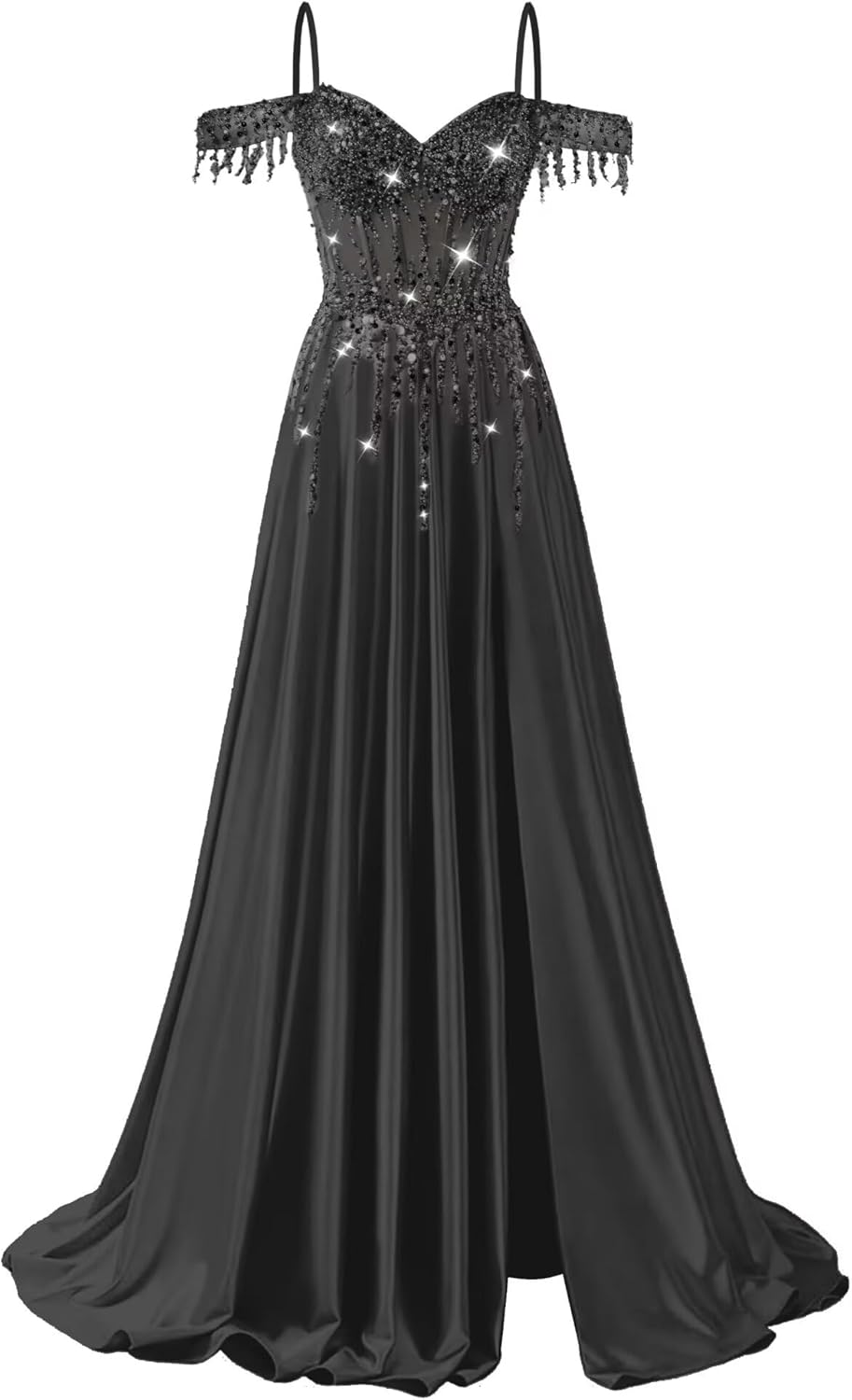 Fokissy Beaded Satin Prom Dresses 2026 Sparkly Off The Shoulder Ball Gown Corset A-Line Evening Gown with Slit