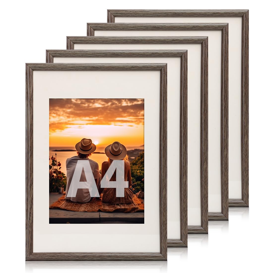 Anhow 5 Piezas Marcos de Fotos A4, Marcos para Cuadros de A4 con Paspartú para Fotos Pósters/Certificados Decoracion se Pueden Colocar en La Pared o en La Mesa - Marrón