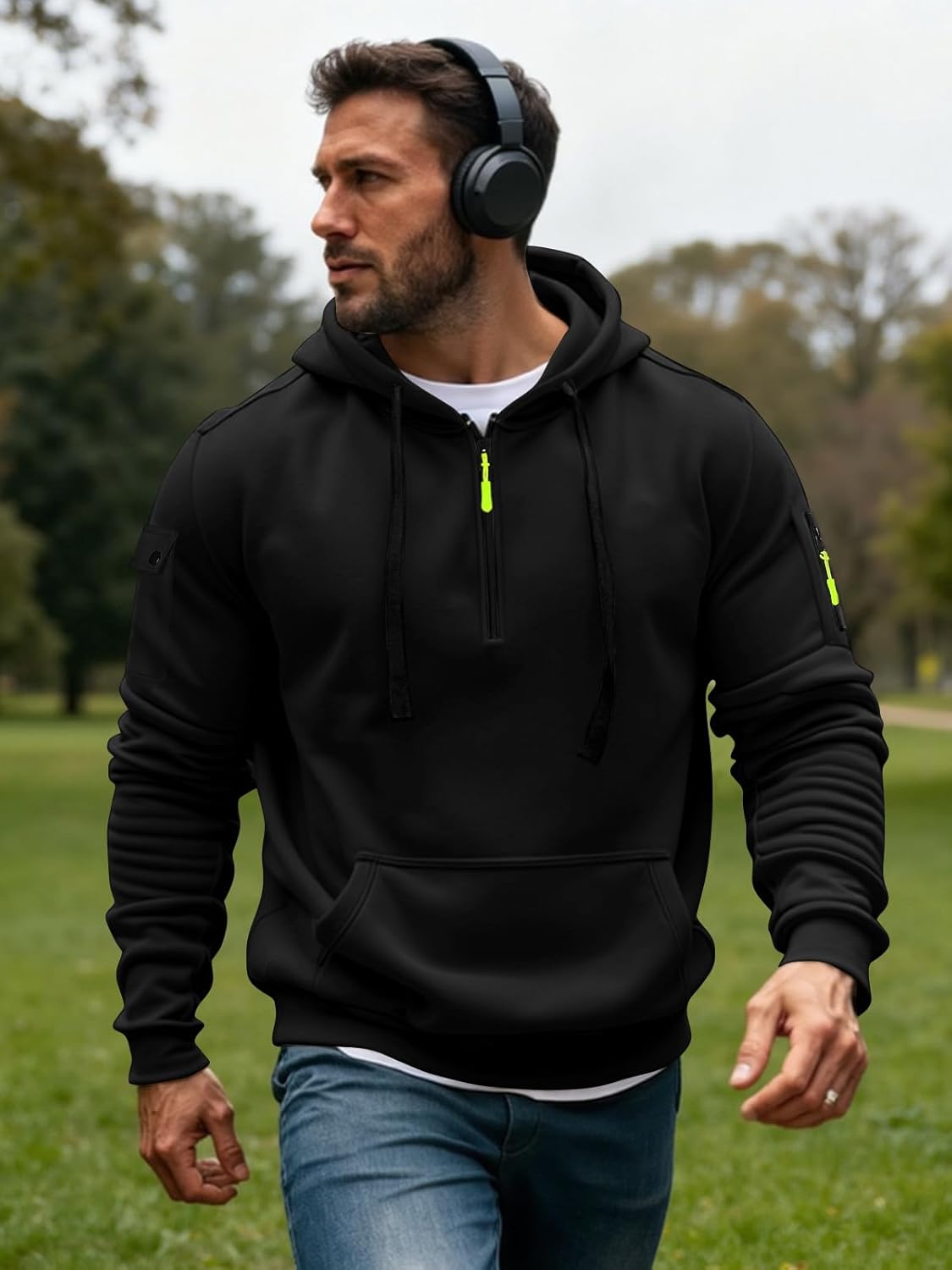 Men's Fleece Workout Athletic Pullover Hoodie Long Sleeve Basic Quarter Zip Pullover Sweatshirt with Kanga Pocket - Image 4