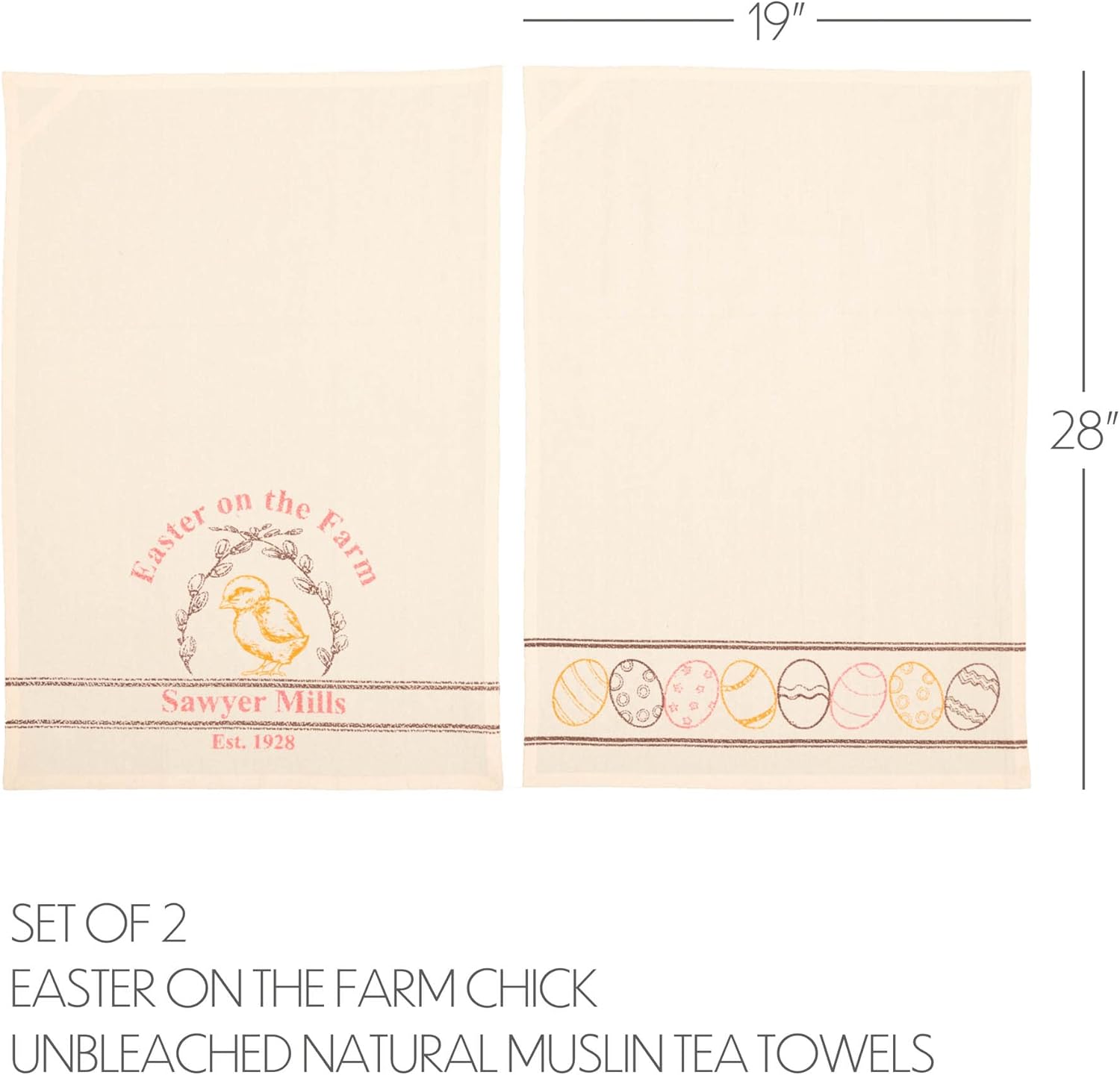 VHC Brands Sawyer Mill Easter Greetings Chick, Cotton Kitchen Towel Set of 2, 19x28