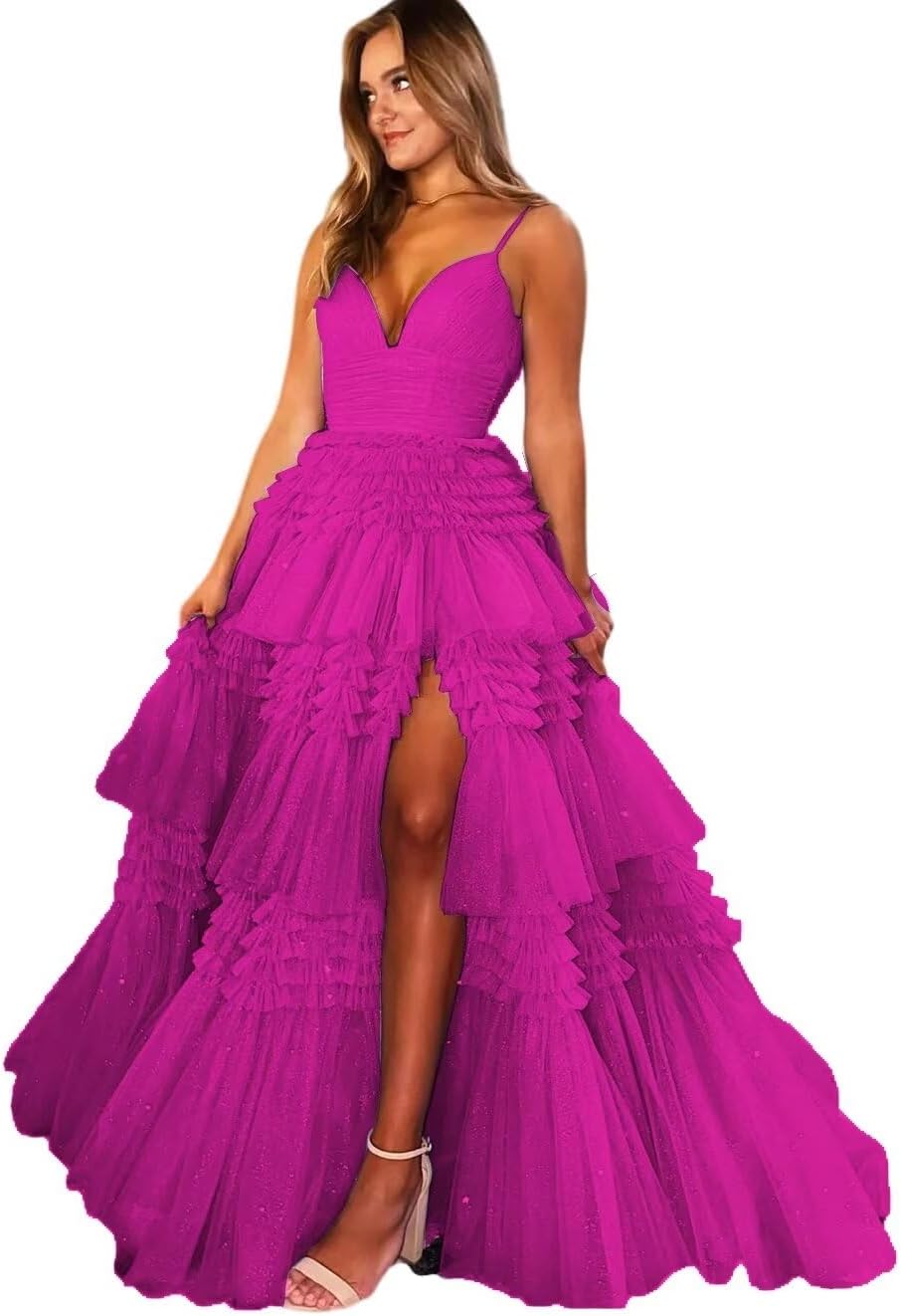Spaghetti Straps Glitter Prom Dress with Slit Tiered Tulle Sparkly Ball Gown Party Dress for Women Formal