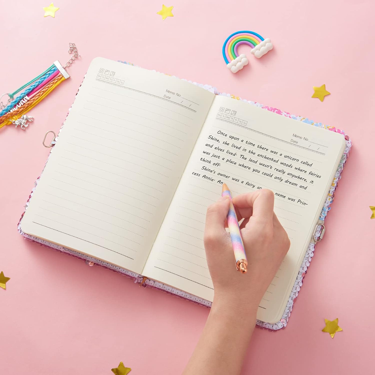 Unicorn Sequins Notebook Set - Rainbow Unicorn Diary for Girls with Locks Keys Gel Pen Bracelet Key Chain Reversible Sparkling A5 Journal for Travel School Office Notepad Memos to Keep Secret