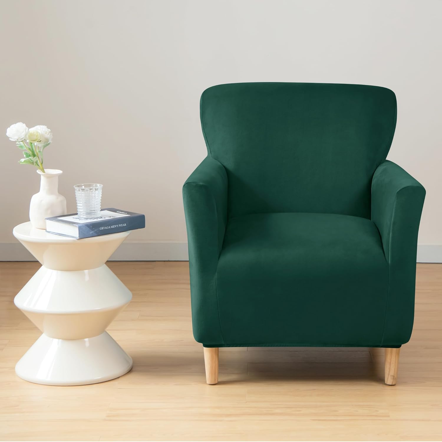 Stretch Chair Covers Banquet Armchair Slipcovers Luxury Velvet Armchair Sofa Covers Chair Slipcover Anti-Slip Furniture Protector for Living Room Friendly for Kids Pets (Dark Green)