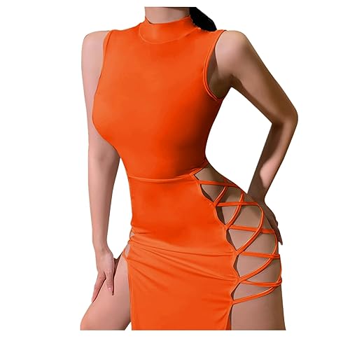 Modaworld Sexy Kleid Damen für Party, Sexy Outfit für Damen, Sexy Kleid für die Clubnacht, lässiges schwarzes Split-Cocktailparty-Clubkleid mit hohem Schlitz - L - Orange
