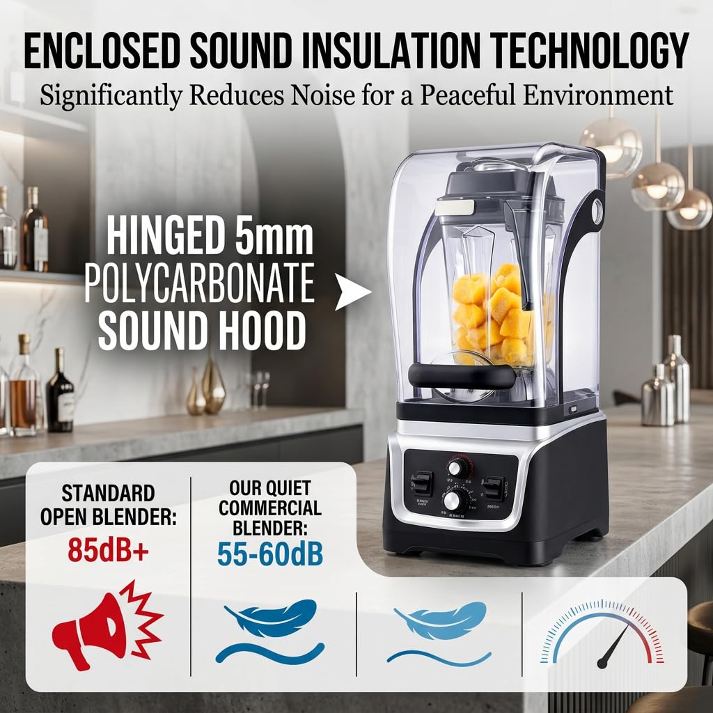 Blender komercyjny 2200 W, obudowa dźwiękowa 5 mm, pojemnik 2,5 l/4,5 l, mikser do koktajli mlecznych, koktajli do użytku domowego i biznesowego