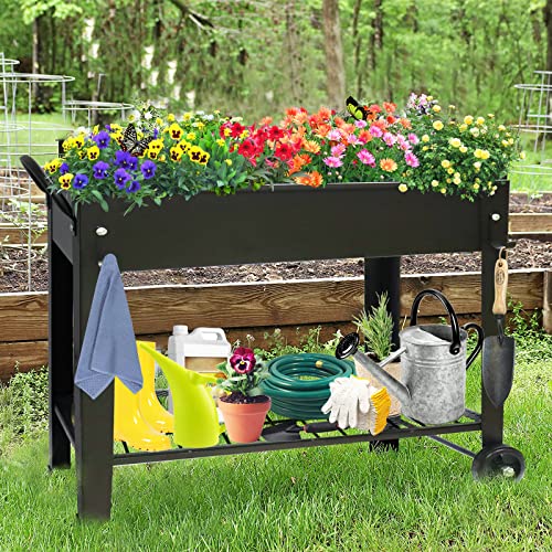 Fleecy Day Raised Garden Planter Beds With Wheels Legs, Large Planters Box For Indoor Outdoor Plants,Metal Galvanized Elevated Rectangle Herb Planter Box For Vegetables Flower Patio 31.5" H #TOP5