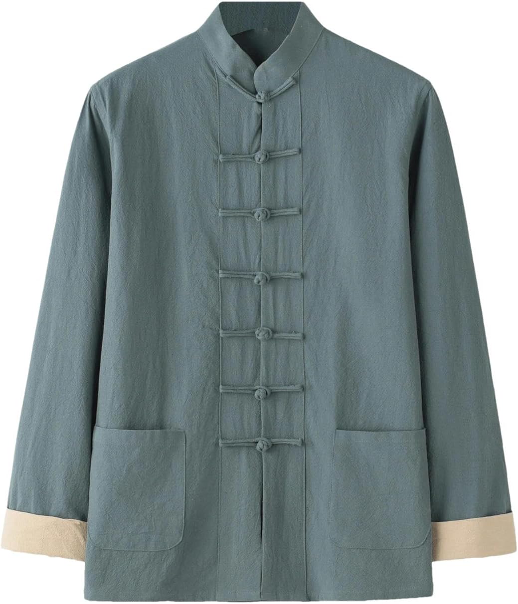 Men Loose Long Sleeve Button up kung fu Shirt Pockets Chinese Traditional Tang Suit tai chi Clothing