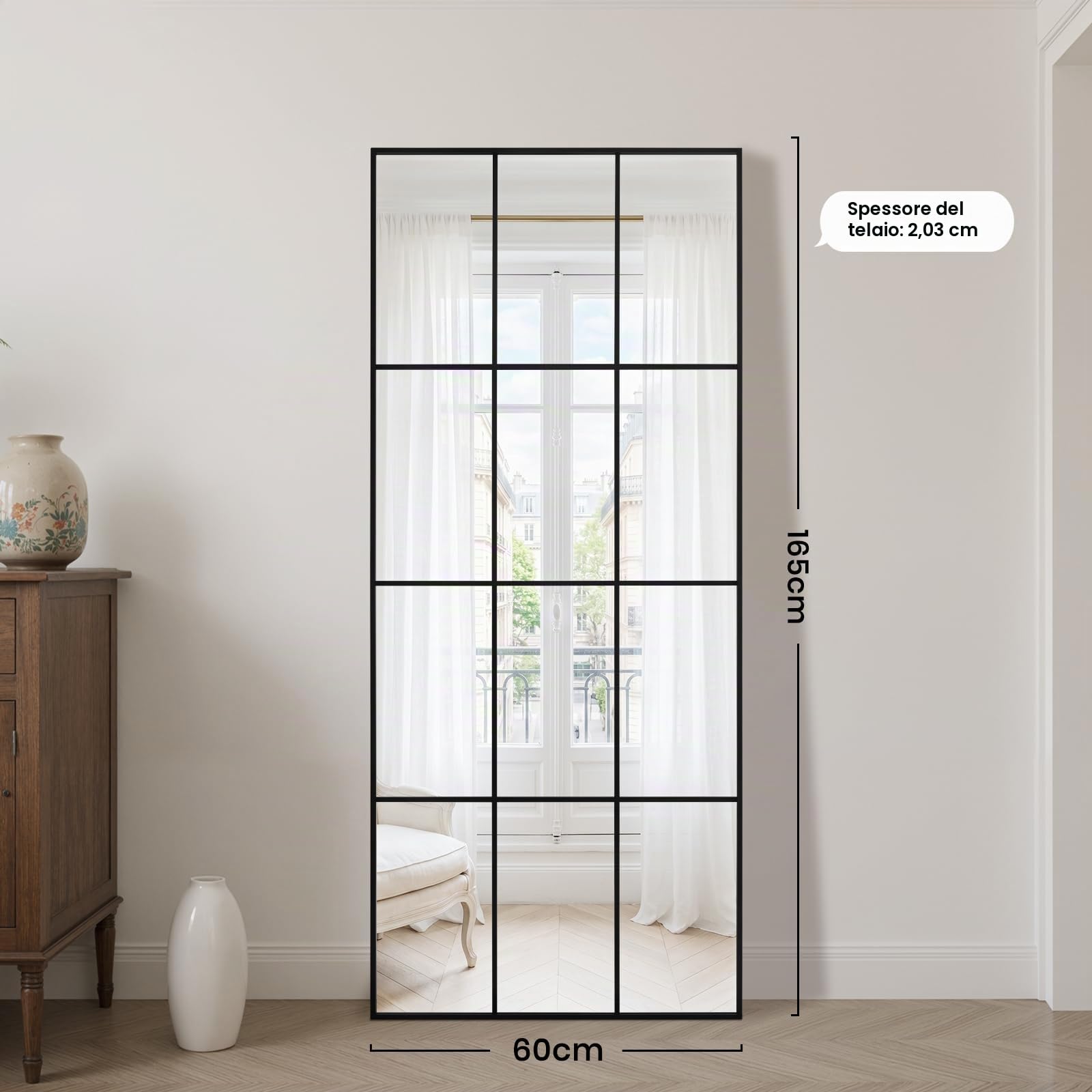 Reflix Specchio da pavimento, 60 x 165 cm, nero, a tutta lunghezza, da parete, da appendere, decorazione per camera da letto, soggiorno, ingresso