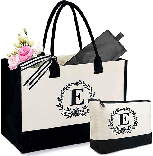 Miniatura 7 de BeeGreen Bolsa de lona con inicial con bolsa de maquillaje, regalos personalizados para mujeres, amigas, profesoras y madres, negro y blanco, Letra A