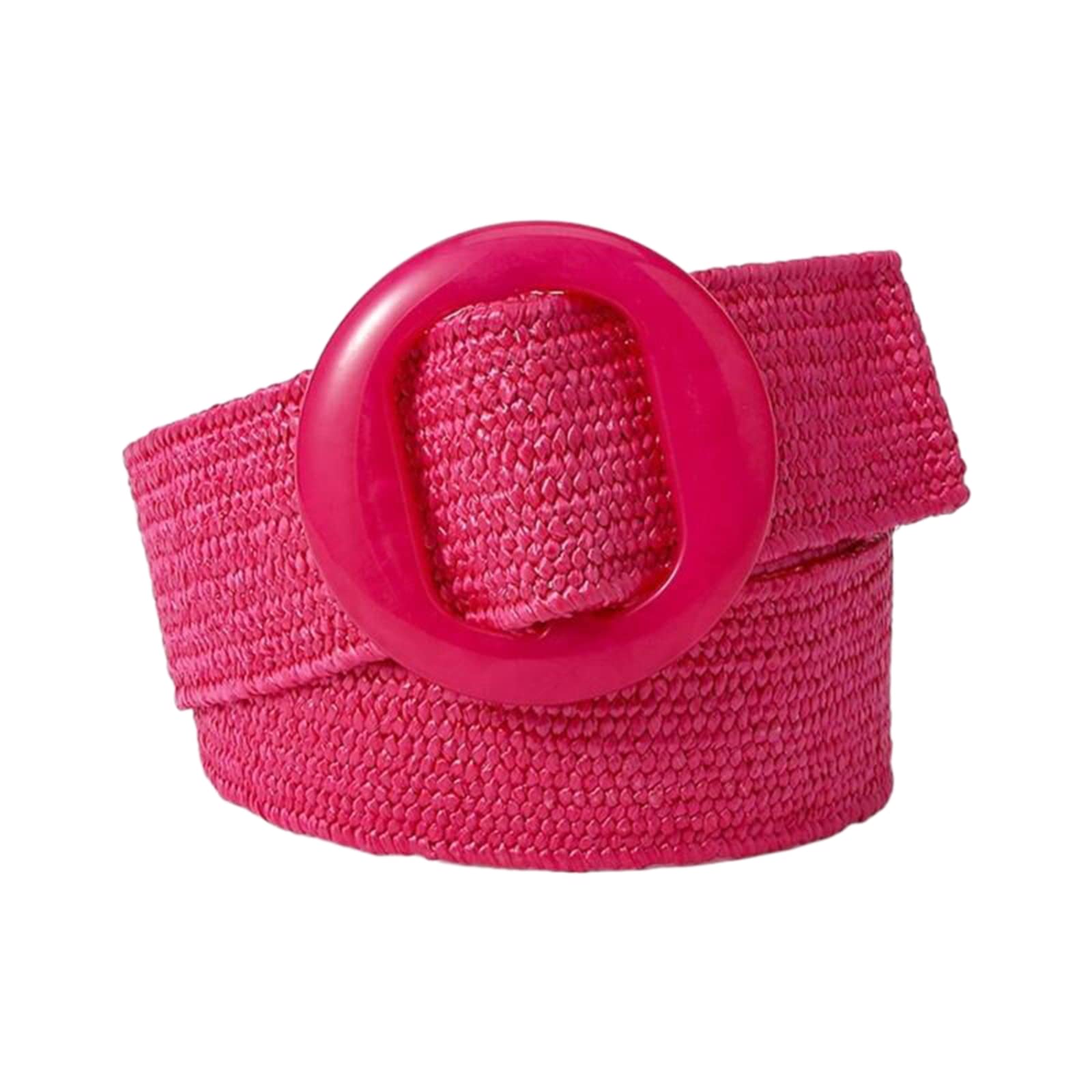 Adjustable Buckle Belt Women's Elastic Band Woven Braided Wide Belt Color Straw Vintage, Rose Red, One Size