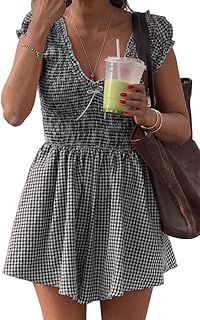 Womens Summer Gingham Rompers V Neck Puff Sleeve Smocked Wide Leg Plaid Shorts Dressy Jumpsuits - Buy now