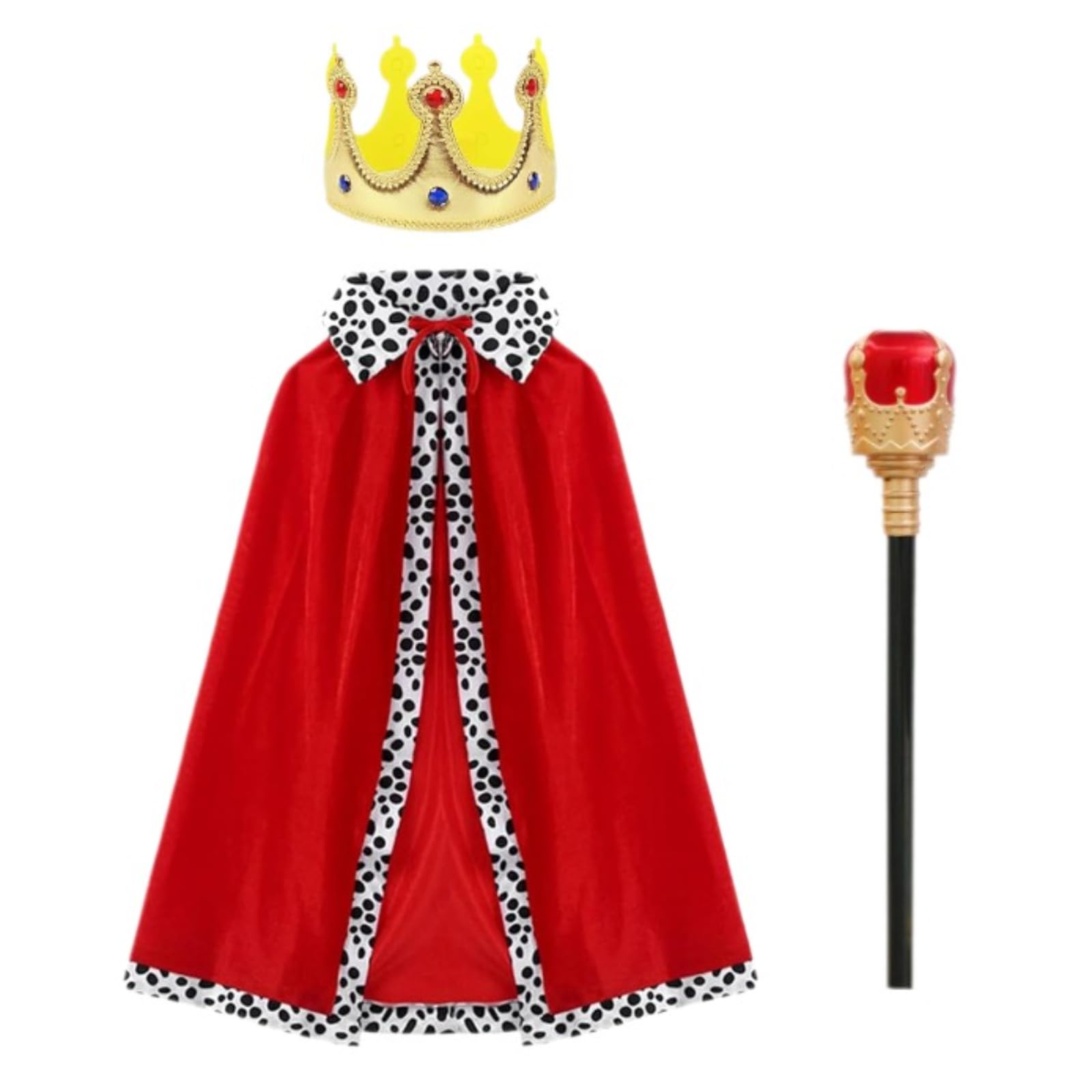 3pcs King and Queen Makeup Set Cloth Crown Gold 90cm Children's Red Cape Cloak Scepter Gold Red Suitable for Halloween Easter Christmas and Carnival Costumes Masquerade Role Play Theme Party