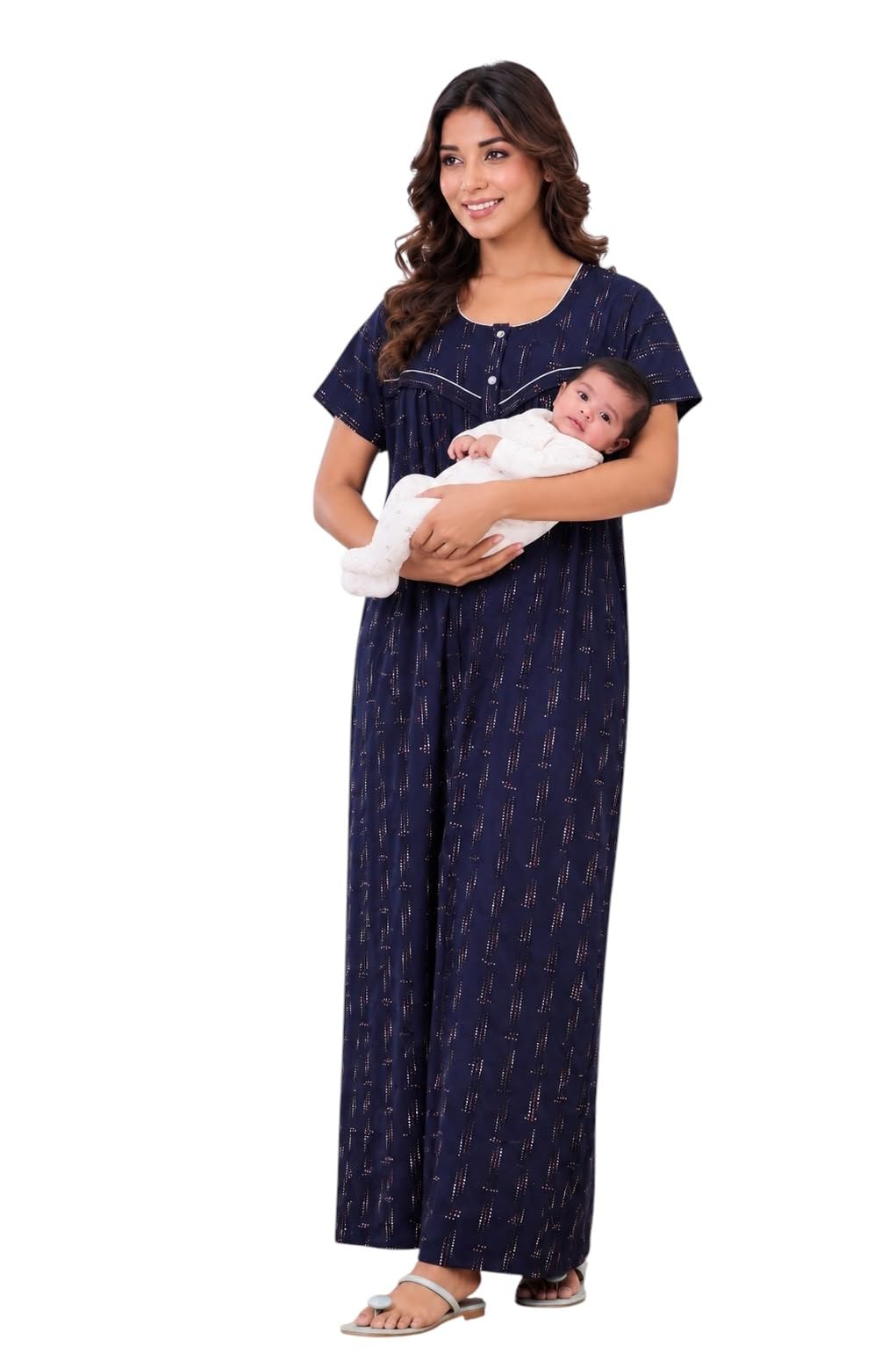 Women's Pure Cotton Printed Maternity Maxi Nighty, Relaxed Fit Nursing Nightgown with Zip/Button Opening, Machine Washable-picture-14
