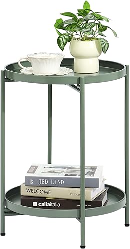 Miniatura 10 de Mesa auxiliar redonda de 2 niveles, pequeña mesa auxiliar de metal con bandeja extraíble, mesas de acento plegables para sala de estar, balcón,