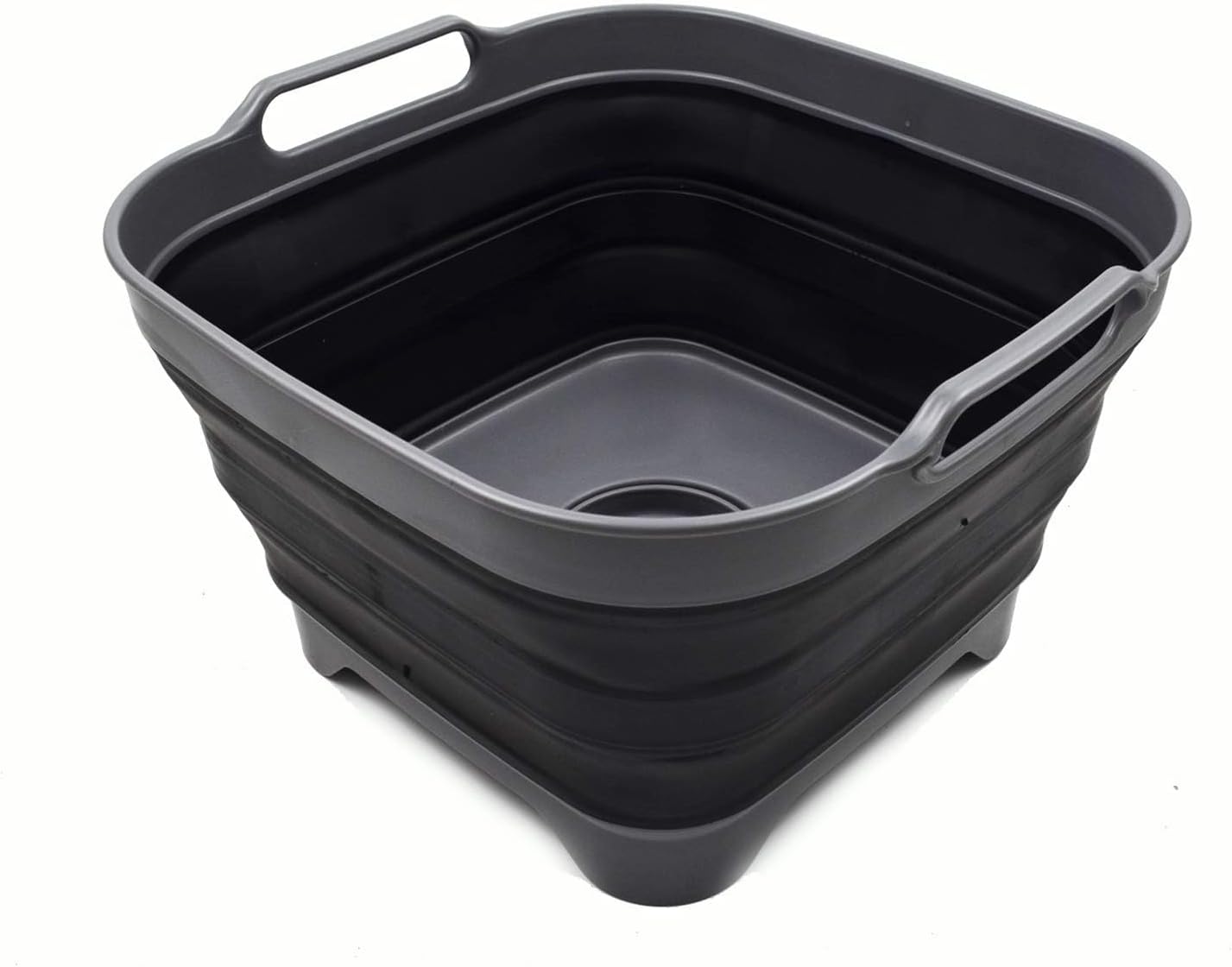 SAMMART 10L Collapsible Dishpan with Draining Plug - Foldable Washing Basin - Portable Dish Washing Tub - Space Saving Kitchen Storage Tray (Grey/Black, 1)