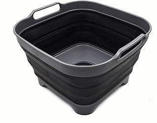 SAMMART 10L Collapsible Dishpan with Draining Plug - Foldable Washing Basin - Portable Dish Washing Tub - Space Saving Kitchen Storage Tray (Grey/Black, 1)